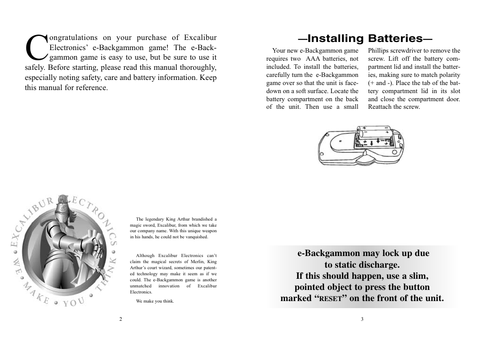 Installing batteries, On the front of the unit | Excalibur electronic 477 User Manual | Page 2 / 6