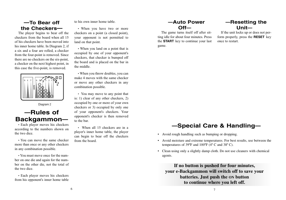 Rules of backgammon, Special care & handling | Excalibur electronic 477 User Manual | Page 4 / 6