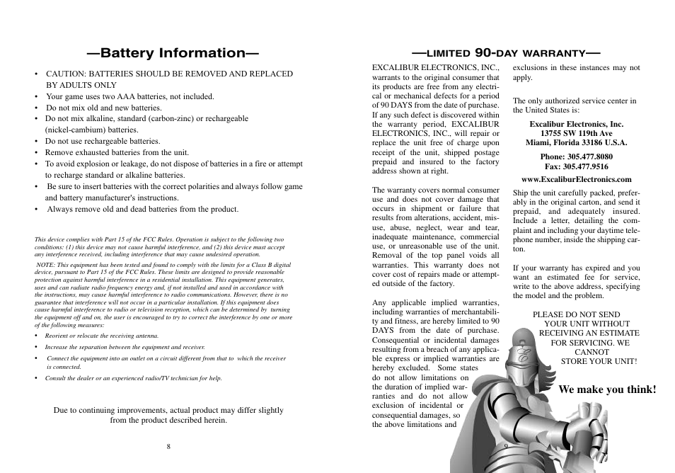 Battery information, We make you think | Excalibur electronic 477 User Manual | Page 5 / 6