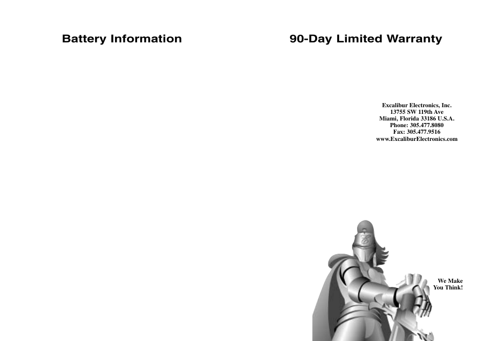 Day limited warranty battery information | Excalibur electronic TV30 User Manual | Page 7 / 8