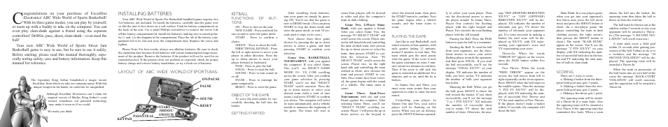 Installing batteries, Layout of abc wide world of sports bas- ketball | Excalibur electronic 336 User Manual | Page 2 / 2