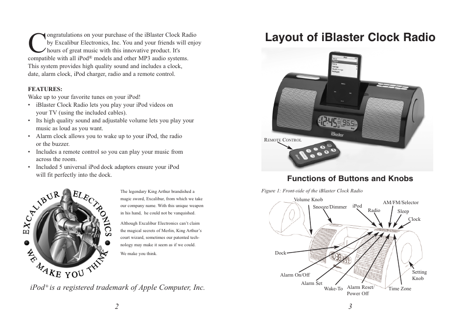 Layout of iblaster clock radio | Excalibur electronic IBLASTER 187 User Manual | Page 2 / 9