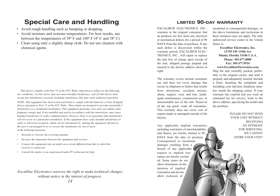 Special care and handling | Excalibur electronic IBLASTER 187 User Manual | Page 8 / 9