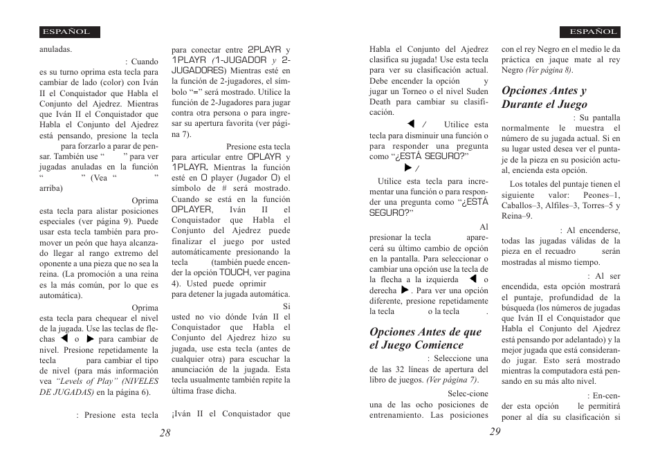 Opciones antes de que el juego comience, Opciones antes y durante el juego | Excalibur electronic Ivan II User Manual | Page 15 / 25