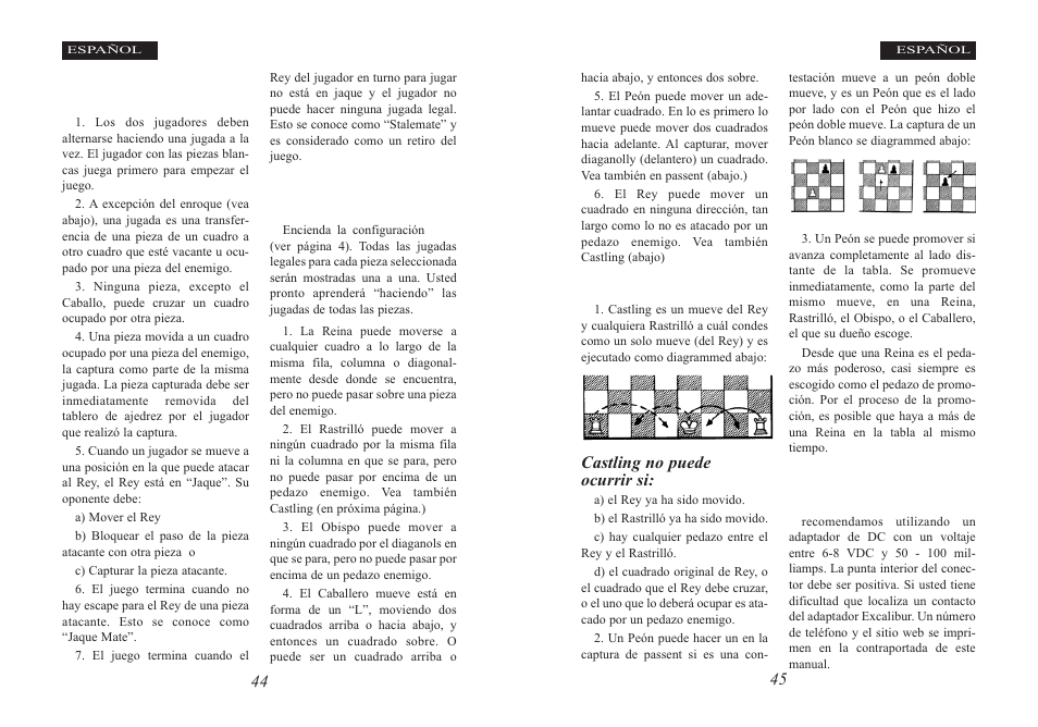 Reglas generales del ajedrez, Jugadas individuales, Especial mueve | La operación de c.a. (opcional), Castling no puede ocurrir si | Excalibur electronic Ivan II User Manual | Page 23 / 25