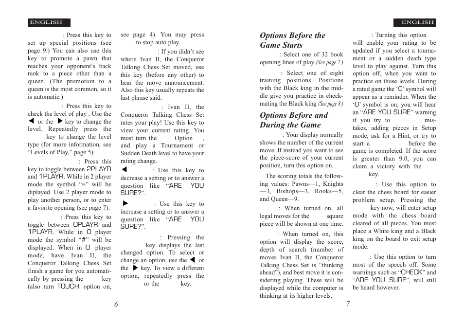 Options before the game starts, Options before and during the game | Excalibur electronic Ivan II User Manual | Page 4 / 25