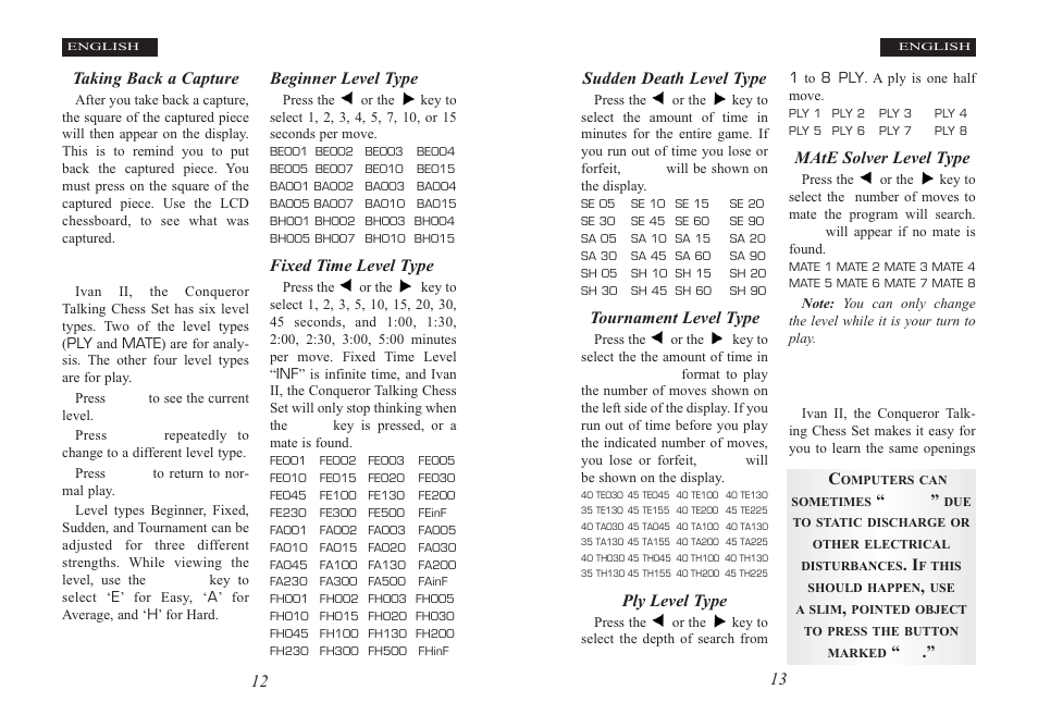 Levels of play, Book opening trainer | Excalibur electronic Ivan II User Manual | Page 7 / 25