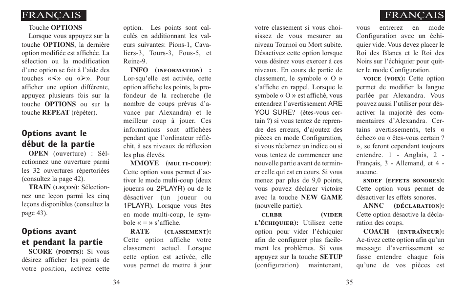 Français, Options avant le début de la partie, Options avant et pendant la partie | Excalibur electronic ALEXANDRA THE GREAT 908-EFG User Manual | Page 18 / 43