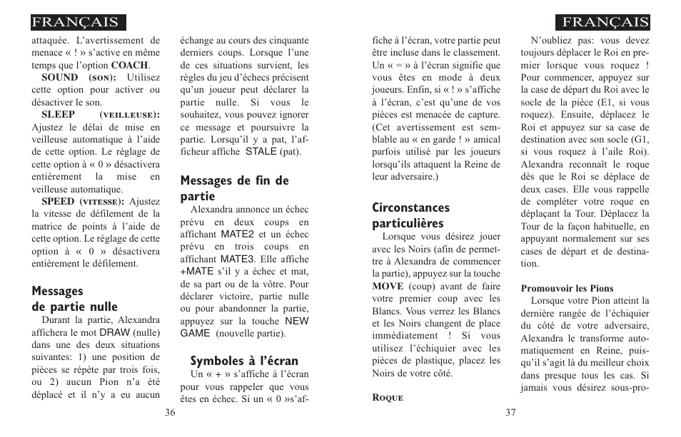 Circonstances particulières, Français, Messages de partie nulle | Messages de fin de partie, Symboles à l’écran | Excalibur electronic ALEXANDRA THE GREAT 908-EFG User Manual | Page 19 / 43