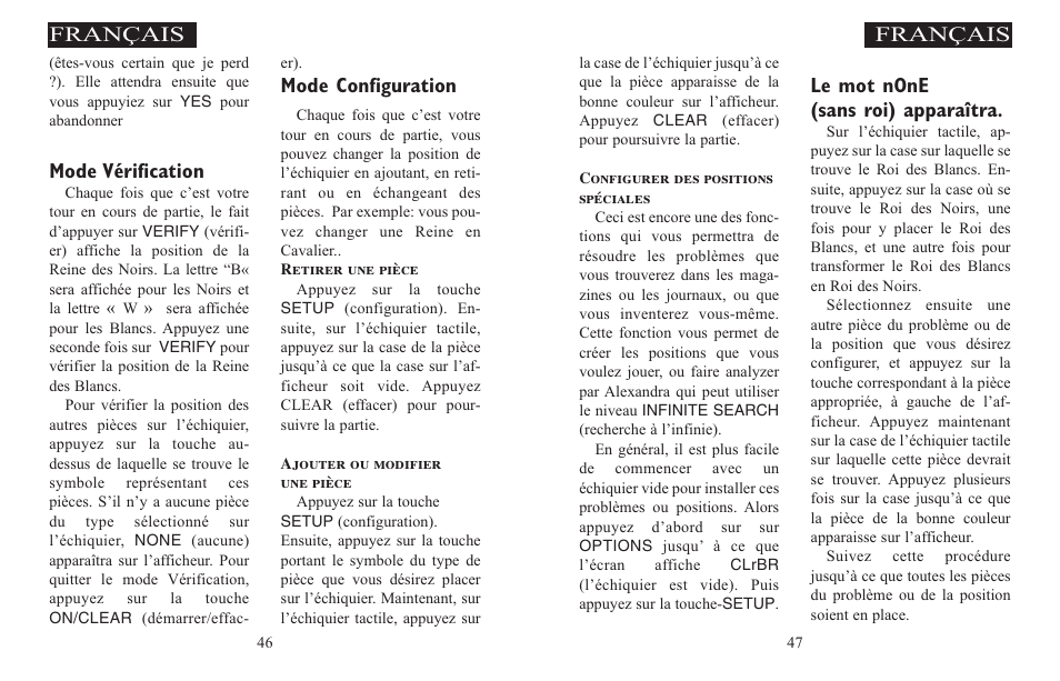 Le mot none (sans roi) apparaîtra, Français, Mode vérification | Mode configuration | Excalibur electronic ALEXANDRA THE GREAT 908-EFG User Manual | Page 24 / 43