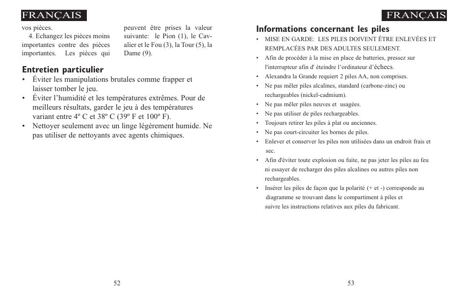 Français, Français informations concernant les piles, Entretien particulier | Excalibur electronic ALEXANDRA THE GREAT 908-EFG User Manual | Page 27 / 43