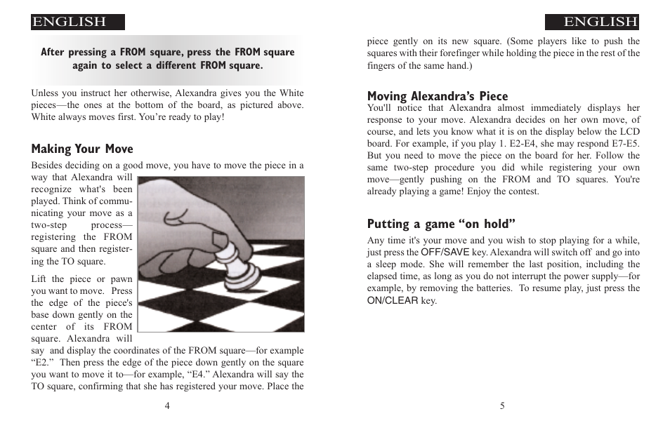 Moving alexandra’s piece, Putting a game “on hold, Making your move | English | Excalibur electronic ALEXANDRA THE GREAT 908-EFG User Manual | Page 3 / 43