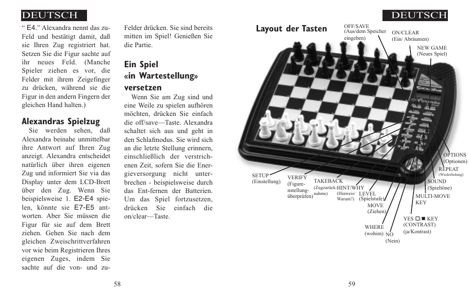 Deutsch, Alexandras spielzug, Ein spiel | Versetzen, Layout der tasten | Excalibur electronic ALEXANDRA THE GREAT 908-EFG User Manual | Page 30 / 43