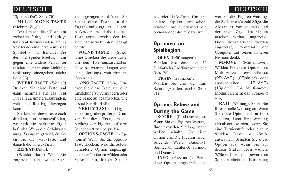 Optionen vor spielbeginn, Options before and during the game, Deutsch | Excalibur electronic ALEXANDRA THE GREAT 908-EFG User Manual | Page 32 / 43