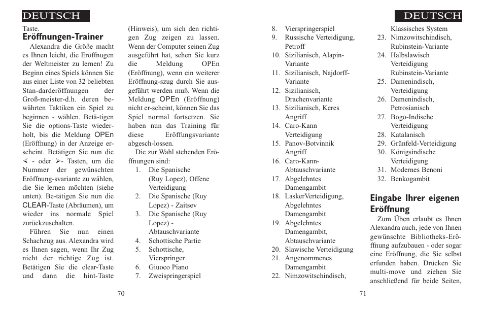 Eingabe ihrer eigenen eröffnung, Deutsch, Eröffnungen-trainer | Excalibur electronic ALEXANDRA THE GREAT 908-EFG User Manual | Page 36 / 43