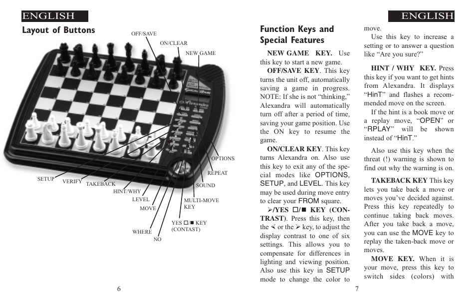 Function keys and special features, Layout of buttons, English | Excalibur electronic ALEXANDRA THE GREAT 908-EFG User Manual | Page 4 / 43