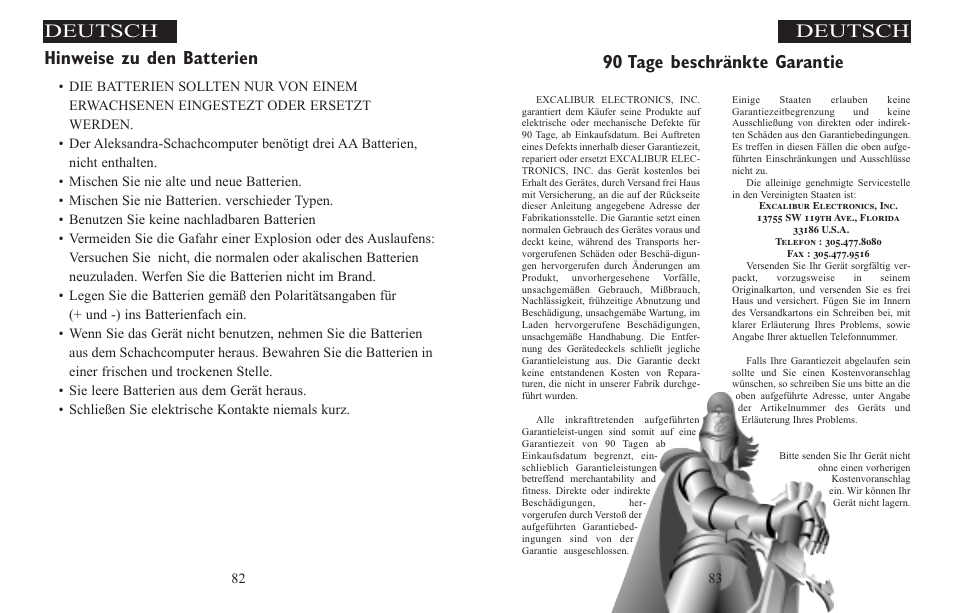 Deutsch, 90 tage beschränkte garantie, Hinweise zu den batterien | Excalibur electronic ALEXANDRA THE GREAT 908-EFG User Manual | Page 42 / 43