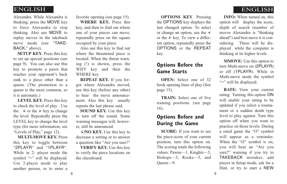 Options before the game starts, Options before and during the game, English | Excalibur electronic ALEXANDRA THE GREAT 908-EFG User Manual | Page 5 / 43