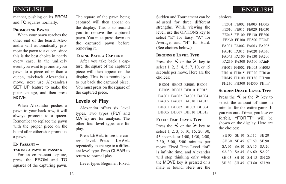 Levels of play, English | Excalibur electronic ALEXANDRA THE GREAT 908-EFG User Manual | Page 7 / 43