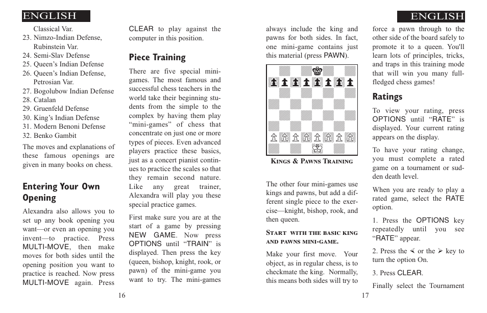 Ratings, Entering your own opening, Piece training | English | Excalibur electronic ALEXANDRA THE GREAT 908-EFG User Manual | Page 9 / 43