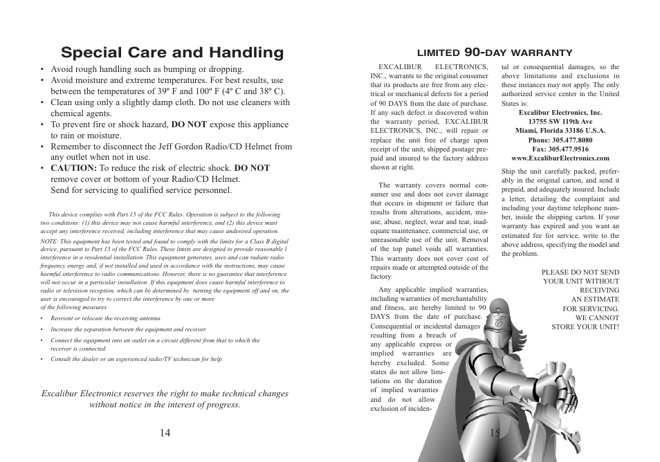 Special care and handling | Excalibur electronic RD501-24 User Manual | Page 8 / 9