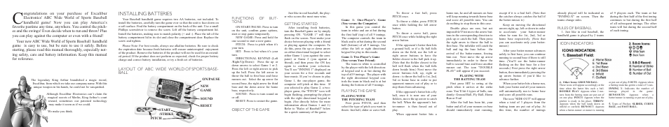 Installing batteries, Layout of abc wide world of sports base- ball | Excalibur electronic ABC Wide 334 User Manual | Page 2 / 2