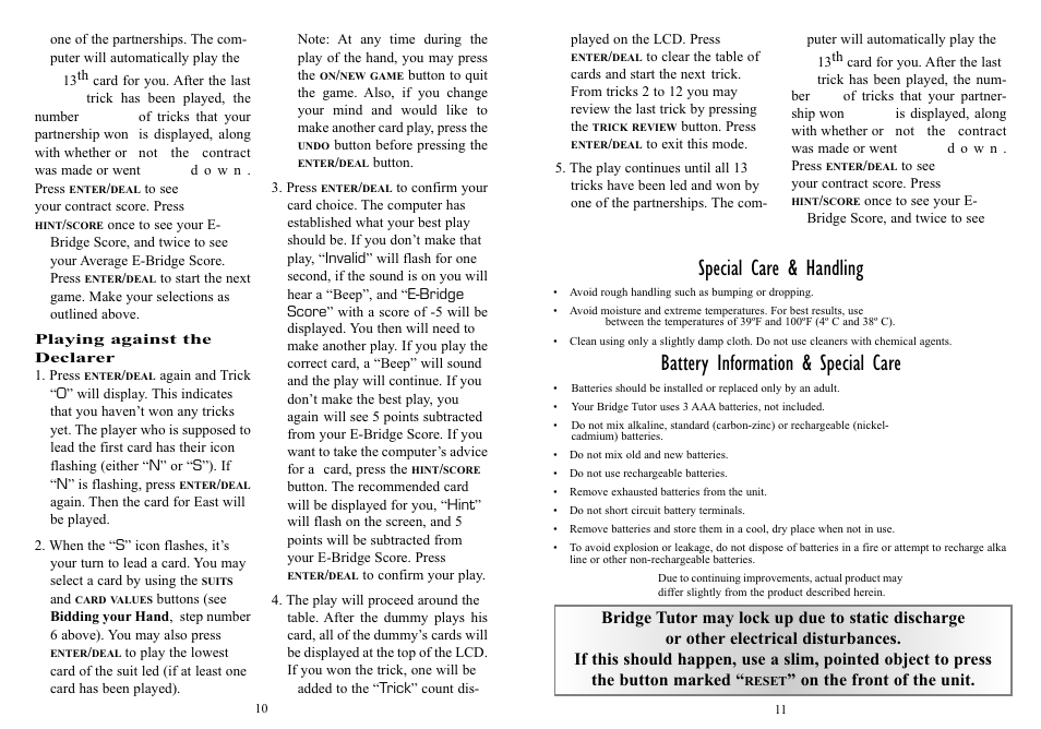 Special care & handling, Battery information & special care | Excalibur electronic 417 User Manual | Page 6 / 7