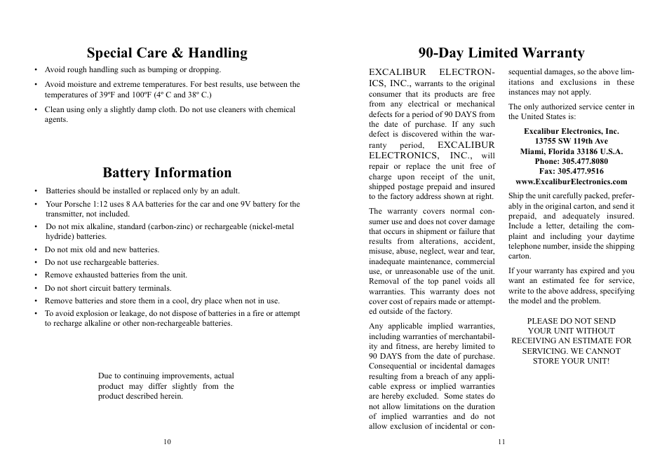 Special care & handling battery information, Day limited warranty | Excalibur electronic 921S User Manual | Page 6 / 7