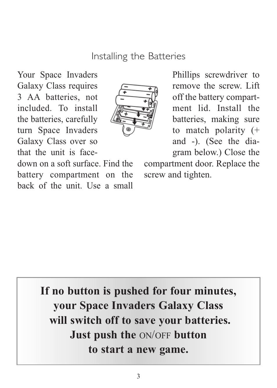 Button to start a new game | Excalibur electronic Space Invaders Galaxy Class 409 User Manual | Page 3 / 8