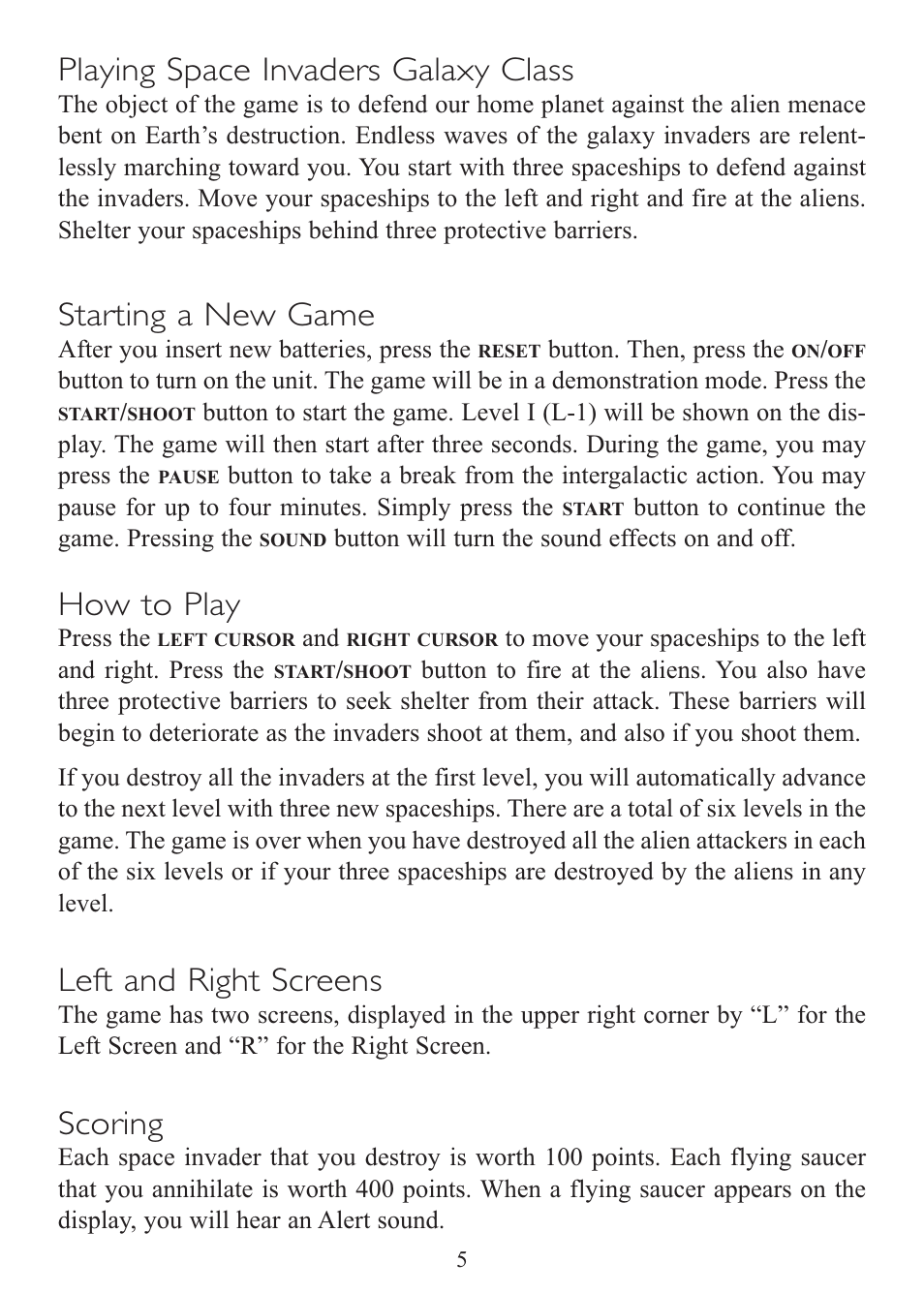 Playing space invaders galaxy class, Starting a new game, How to play | Left and right screens, Scoring | Excalibur electronic Space Invaders Galaxy Class 409 User Manual | Page 5 / 8