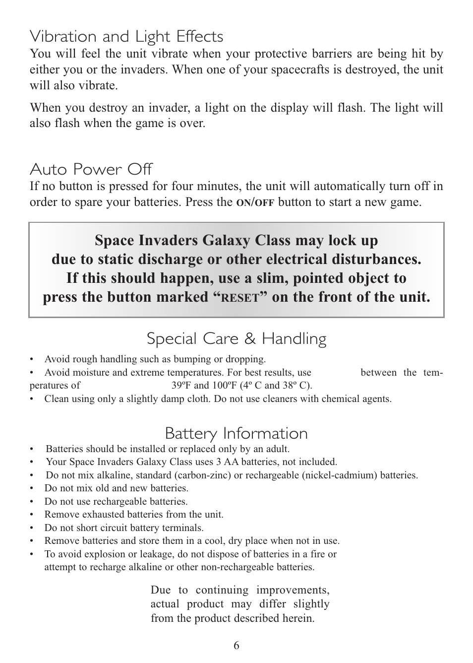 Vibration and light effects, Auto power off, Special care & handling | Battery information, On the front of the unit | Excalibur electronic Space Invaders Galaxy Class 409 User Manual | Page 6 / 8