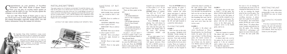 Installing batteries, Functions of but- tons, Getting started | Playing the game, Resetting the unit, Automatic power off | Excalibur electronic ABC Wide 333 User Manual | Page 2 / 2