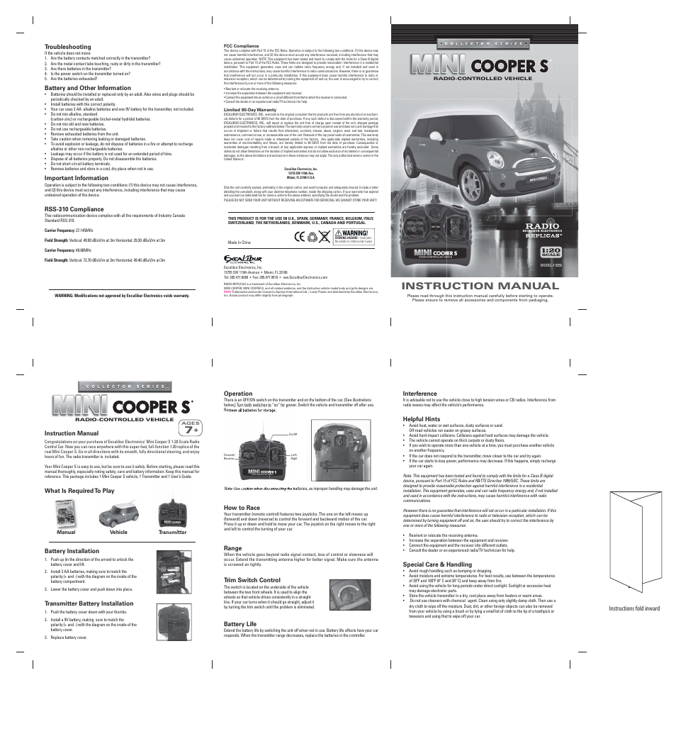 Excalibur electronic Mini Cooper S 1:20 Scale Radio Control Car 9356 User Manual | 1 page