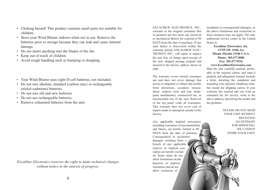 Special care and handling, Battery information | Excalibur electronic FN10-BB User Manual | Page 4 / 5