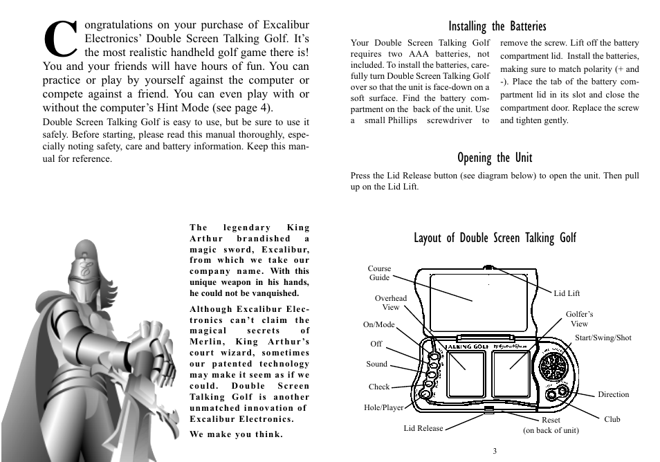 Installing the batteries, Layout of double screen talking golf, Opening the unit | Excalibur electronic DOUBLE SCREEN TALKING GOLF 383-2 User Manual | Page 2 / 7