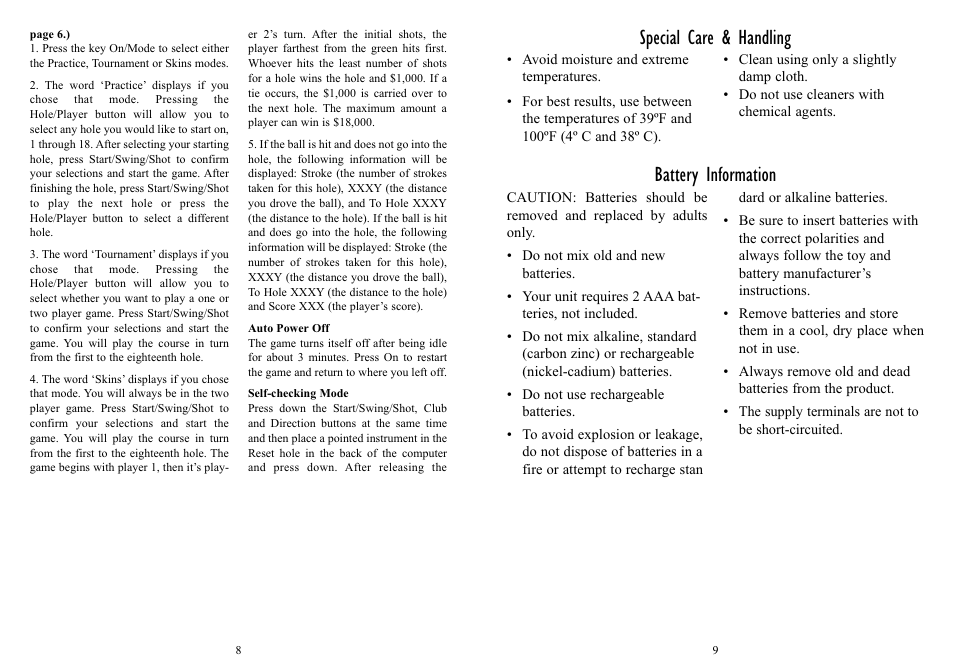 Special care & handling battery information | Excalibur electronic DOUBLE SCREEN TALKING GOLF 383-2 User Manual | Page 5 / 7
