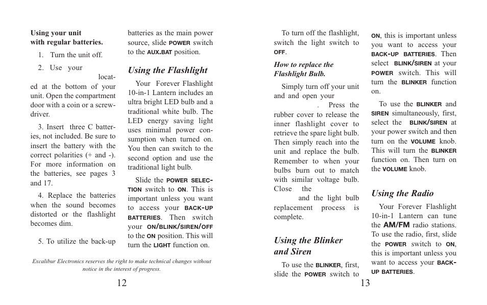 Using the flashlight, Using the blinker and siren, Using the radio | Excalibur electronic H691 User Manual | Page 7 / 13