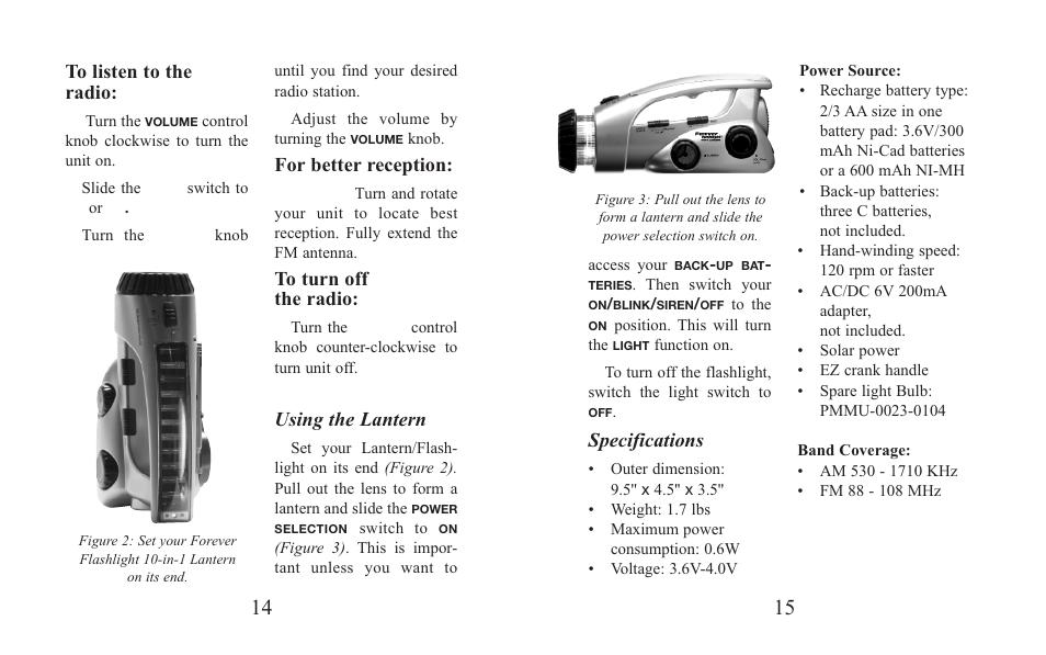 For better reception, Using the lantern, Specifications | Excalibur electronic H691 User Manual | Page 8 / 13