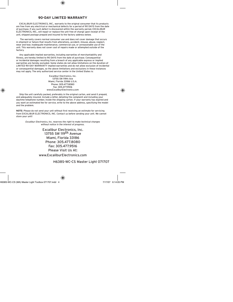 Excalibur electronic H638S-WC-CS User Manual | Page 3 / 3