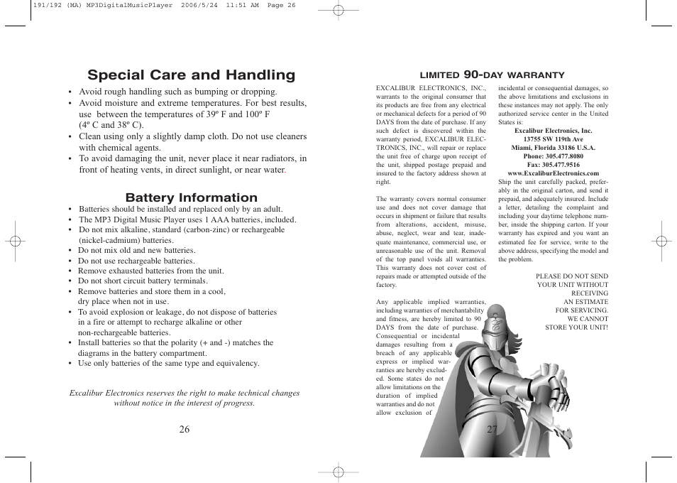 Special care and handling, Battery information | Excalibur electronic 256 User Manual | Page 14 / 15