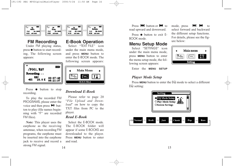 Fm recording, E-book operation, Menu setup mode | Excalibur electronic 256 User Manual | Page 8 / 15