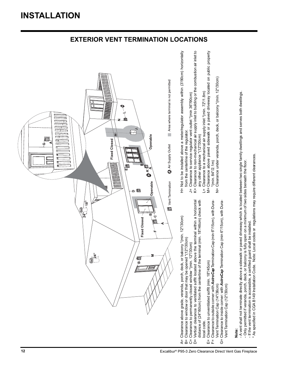 Installation, Exterior vent termination locations | Excalibur electronic P95-LP3 User Manual | Page 12 / 44