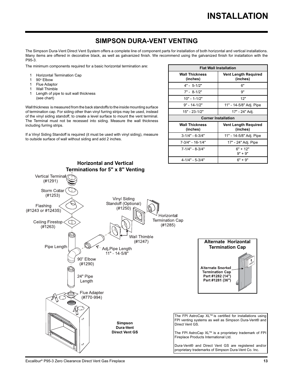 Installation, Simpson dura-vent venting | Excalibur electronic P95-LP3 User Manual | Page 13 / 44