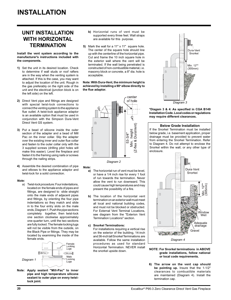 Installation, Unit installation with horizontal termination | Excalibur electronic P95-LP3 User Manual | Page 20 / 44