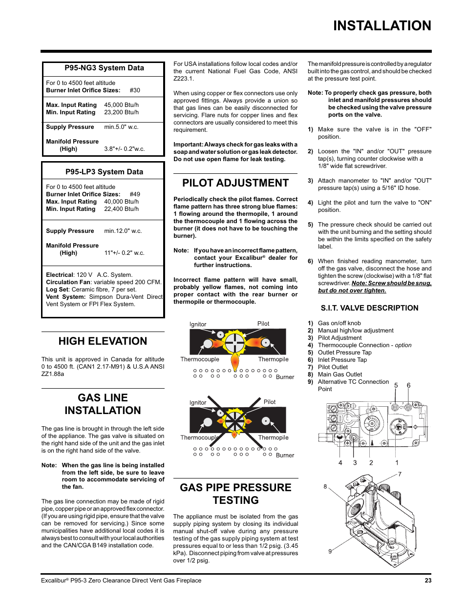 Installation, Gas pipe pressure testing, Pilot adjustment | High elevation, Gas line installation | Excalibur electronic P95-LP3 User Manual | Page 23 / 44