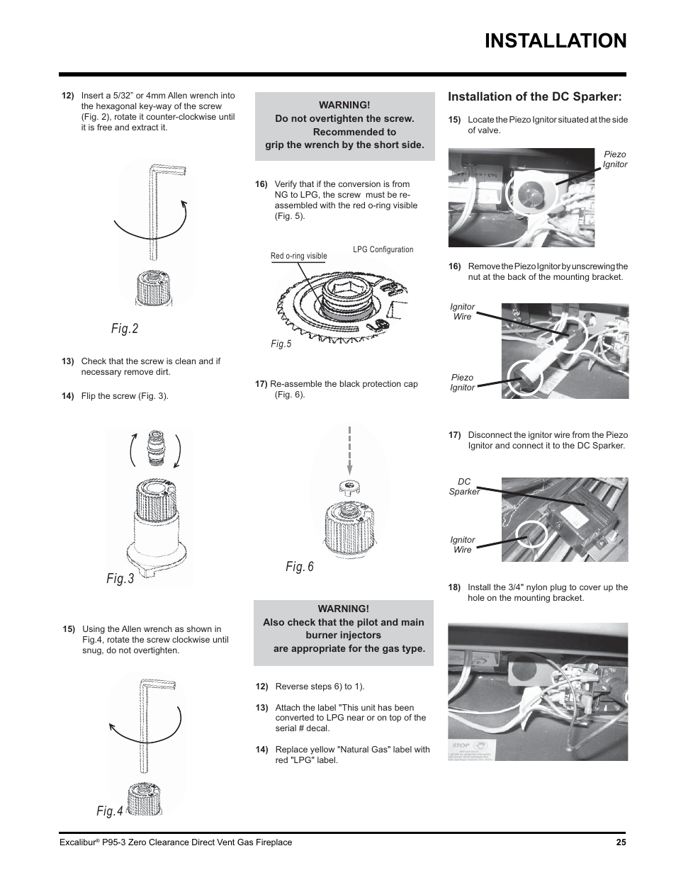 Installation, Fig.2 fig.3, Fig. 6 | Fig.4, Installation of the dc sparker | Excalibur electronic P95-LP3 User Manual | Page 25 / 44