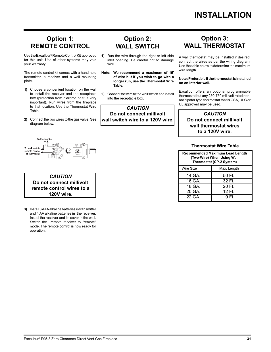 Installation, Option 1: remote control, Option 2: wall switch | Option 3: wall thermostat | Excalibur electronic P95-LP3 User Manual | Page 31 / 44