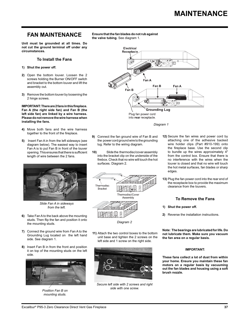 Maintenance, Fan maintenance | Excalibur electronic P95-LP3 User Manual | Page 37 / 44