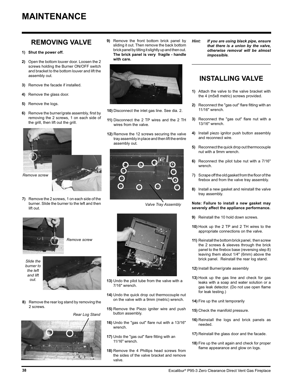 Maintenance, Installing valve, Removing valve | Excalibur electronic P95-LP3 User Manual | Page 38 / 44