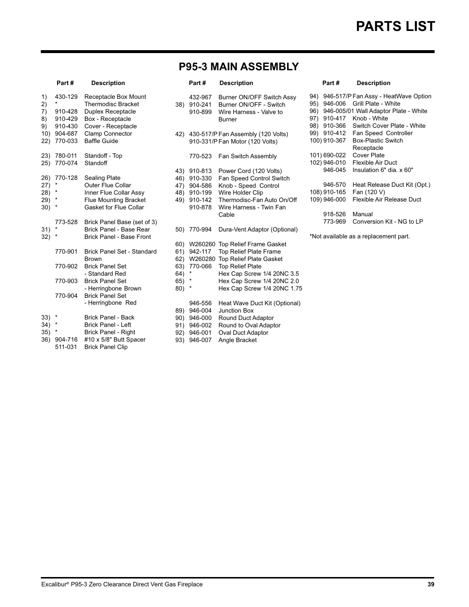 Parts list, P95-3 main assembly | Excalibur electronic P95-LP3 User Manual | Page 39 / 44